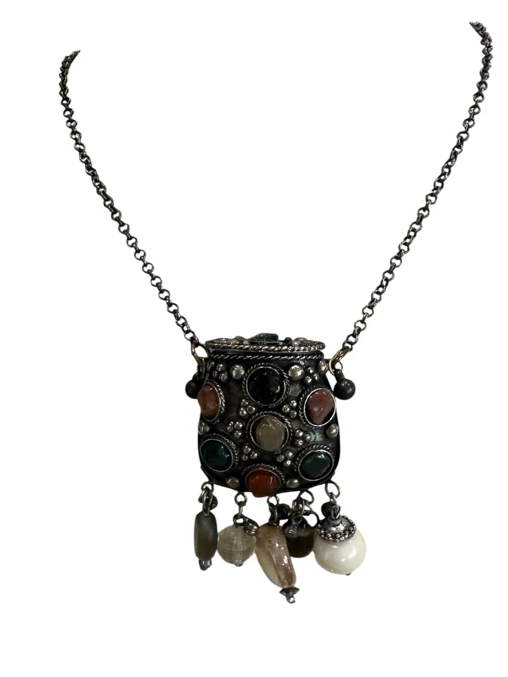 Bohemian Silver Tone Multistone Coin/Prayer Box/Amulet Pendant Necklace 36”
